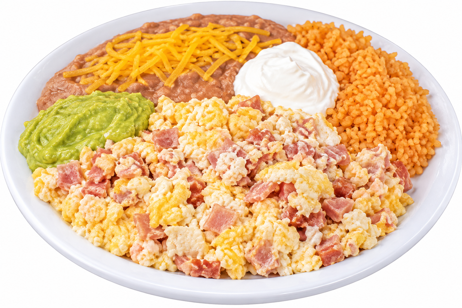 Machaca con huevo breakfast plate with rice, beans, avocado and sour cream