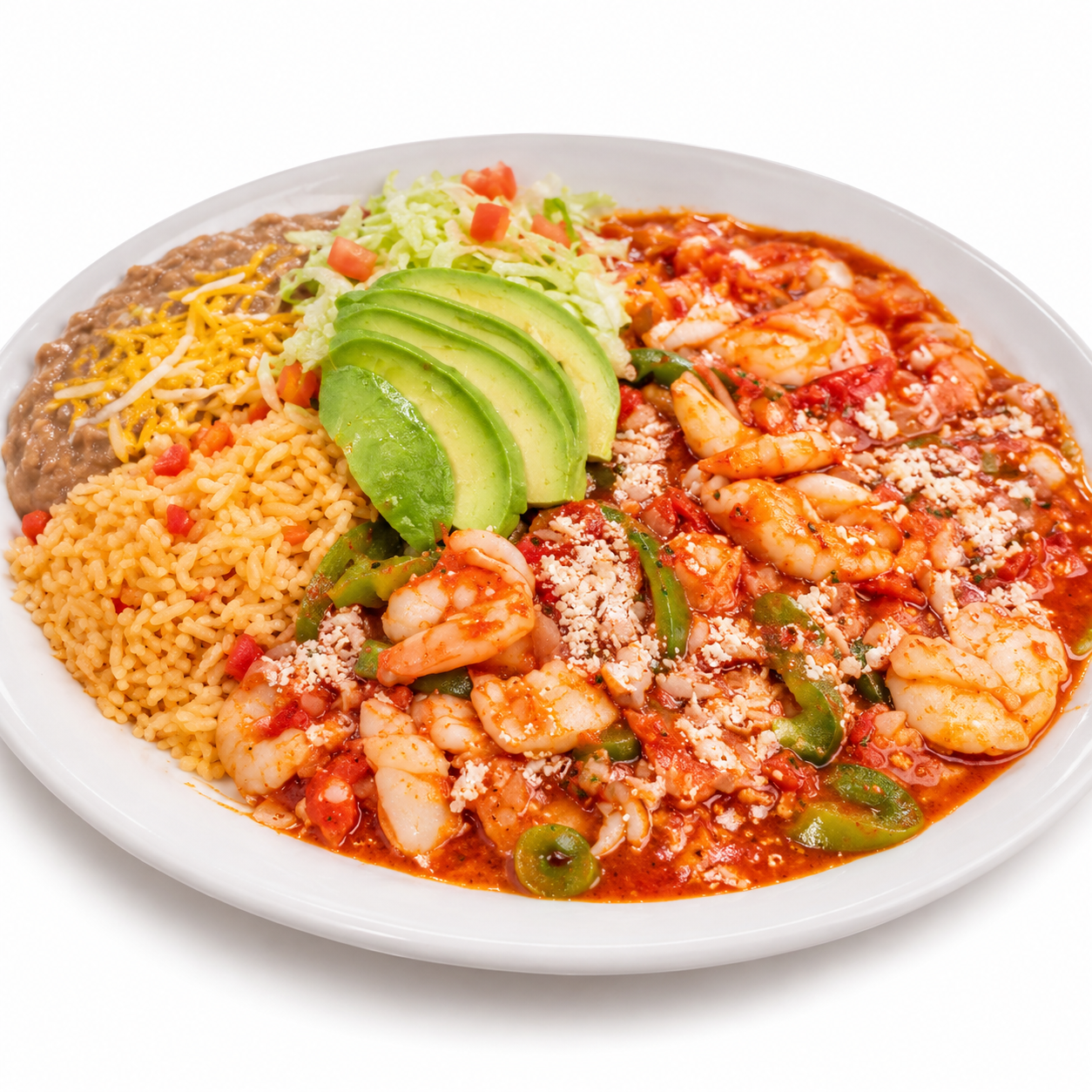 Camarones a la diabla — shrimp in red salsa with rice, beans and fresh avocado